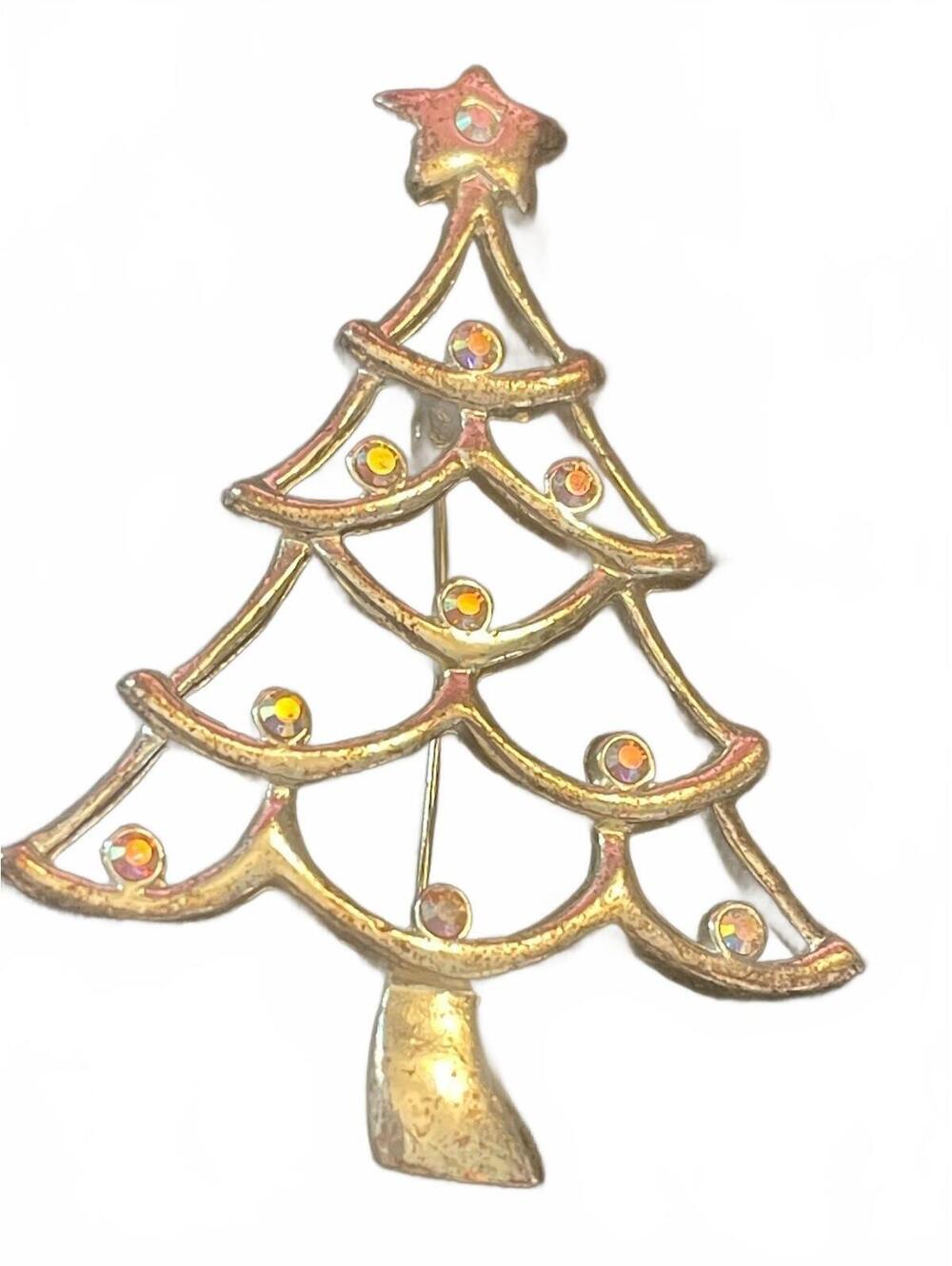 Silver Tone Christmas Tree Brooch with Rhinestones